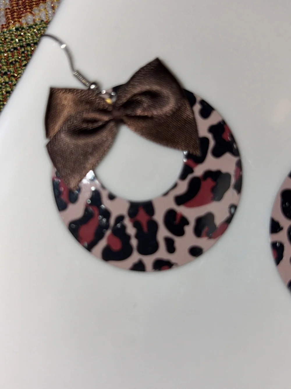 Pink Leopard Print Hoop Earrings with Brown Bows